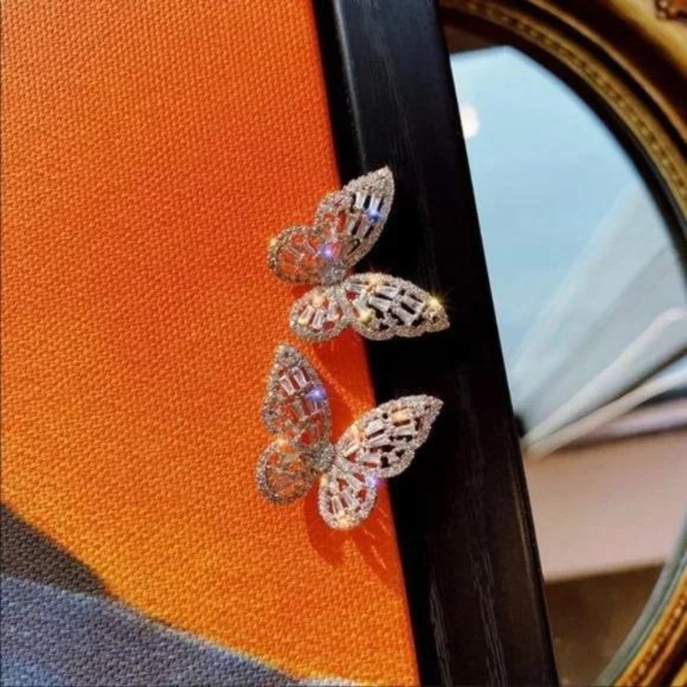 STERLING SILVER DIAMOND BUTTERFLY EARRINGS, BEAUTIFUL EARRINGS, CUTE EARRINGS - Picture 2 of 4